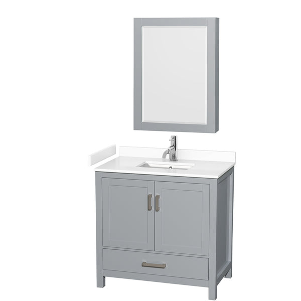 Wyndham Collection Sheffield 36 Inch Single Bathroom Vanity in Gray, Marble Countertop, Undermount Square Sink, 24 Inch Mirror - Luxe Bathroom Vanities