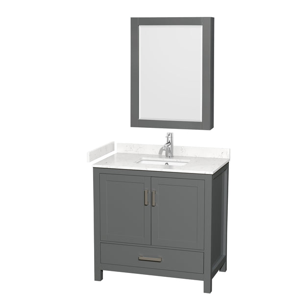 Wyndham Collection Sheffield 36 Inch Single Bathroom Vanity in Dark Gray, Marble Countertop, Undermount Square Sink, 24 Inch Mirror - Luxe Bathroom Vanities