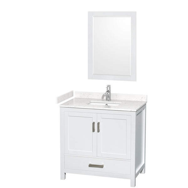 Wyndham Collection Sheffield 36 Inch Single Bathroom Vanity in White, Marble Countertop, Undermount Square Sink, 24 Inch Mirror - Luxe Bathroom Vanities