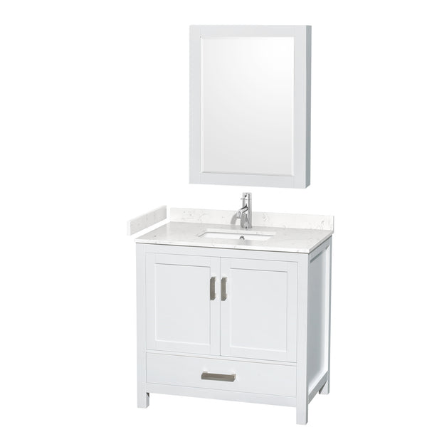 Wyndham Collection Sheffield 36 Inch Single Bathroom Vanity in White, Marble Countertop, Undermount Square Sink, 24 Inch Mirror - Luxe Bathroom Vanities