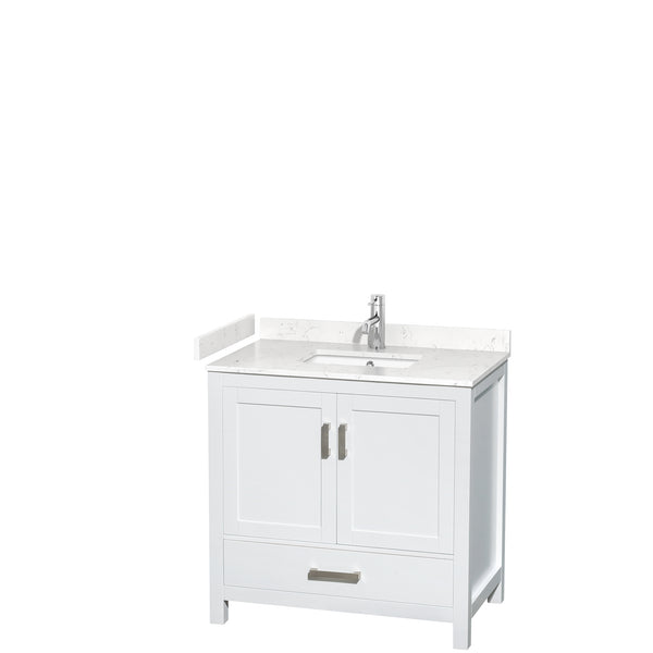 Wyndham Collection Sheffield 36 Inch Single Bathroom Vanity in White, Marble Countertop, Undermount Square Sink, 24 Inch Mirror - Luxe Bathroom Vanities