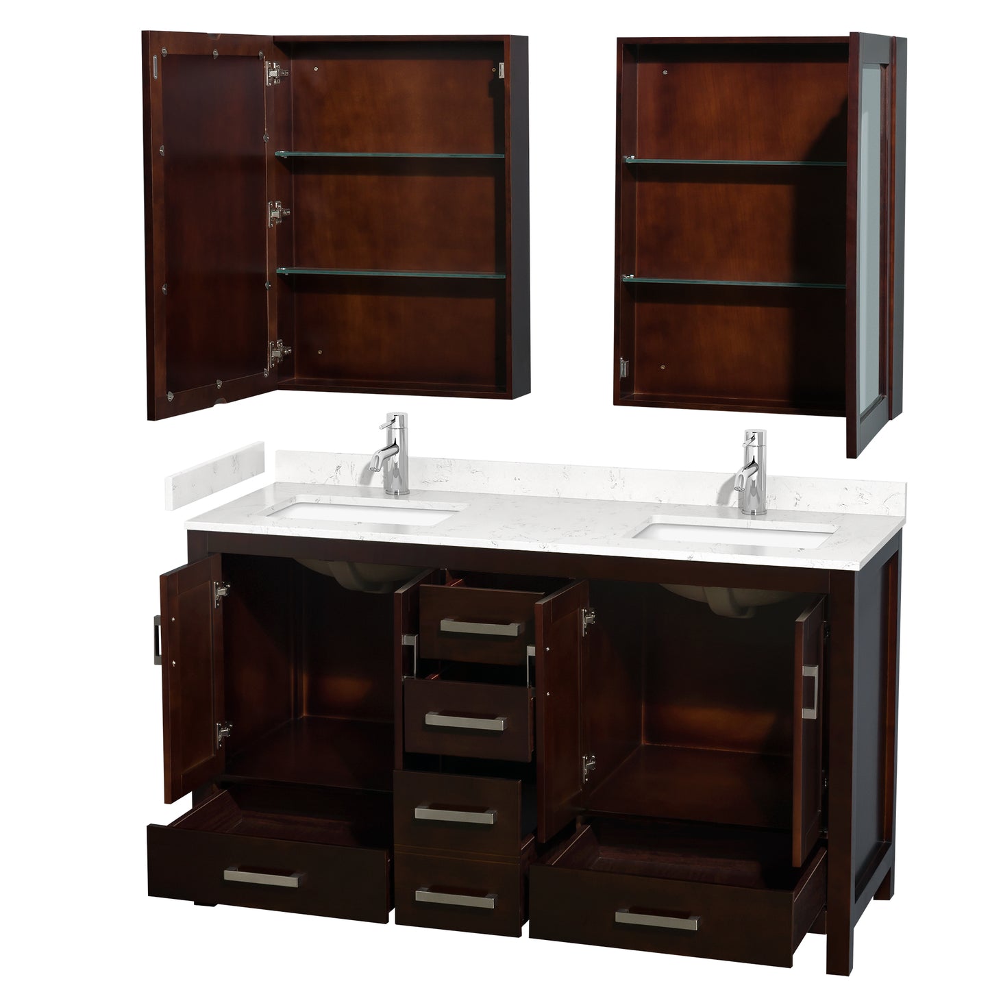 Wyndham Collection Sheffield 60 Inch Double Bathroom Vanity in Espresso, Marble Countertop, Undermount Square Sinks, 24 and 58 Inch Mirrors - Luxe Bathroom Vanities