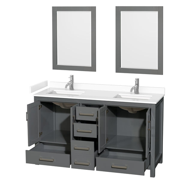 Wyndham Collection Sheffield 60 Inch Double Bathroom Vanity in Dark Gray, Marble Countertop, Undermount Square Sinks, 24 and 58 Inch Mirrors - Luxe Bathroom Vanities