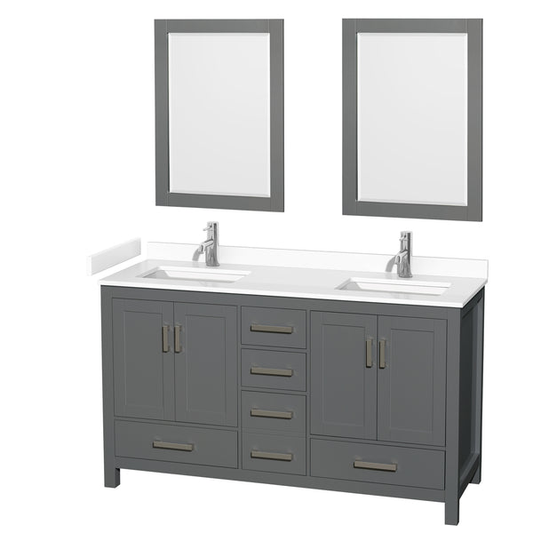 Wyndham Collection Sheffield 60 Inch Double Bathroom Vanity in Dark Gray, Marble Countertop, Undermount Square Sinks, 24 and 58 Inch Mirrors - Luxe Bathroom Vanities