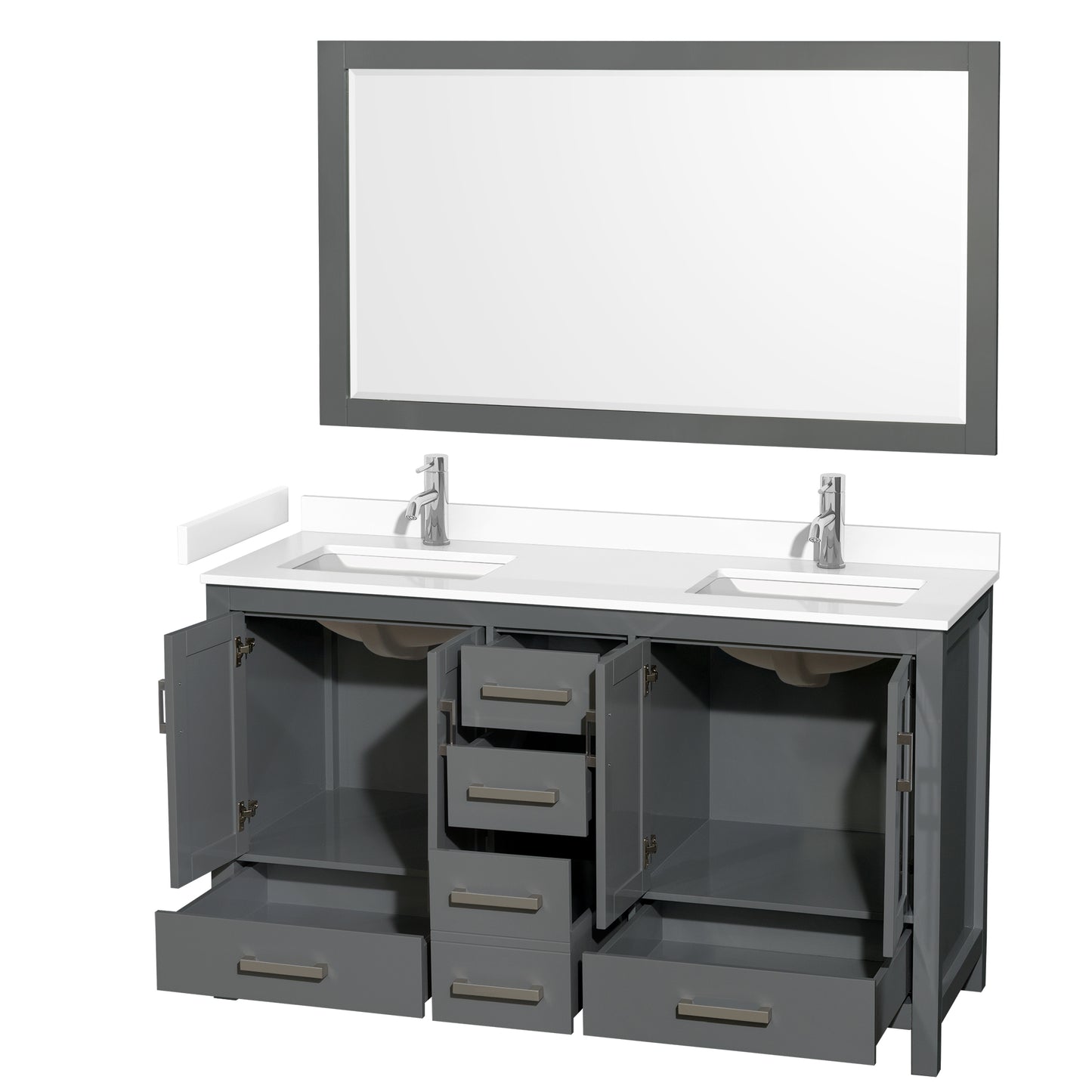 Wyndham Collection Sheffield 60 Inch Double Bathroom Vanity in Dark Gray, Marble Countertop, Undermount Square Sinks, 24 and 58 Inch Mirrors - Luxe Bathroom Vanities