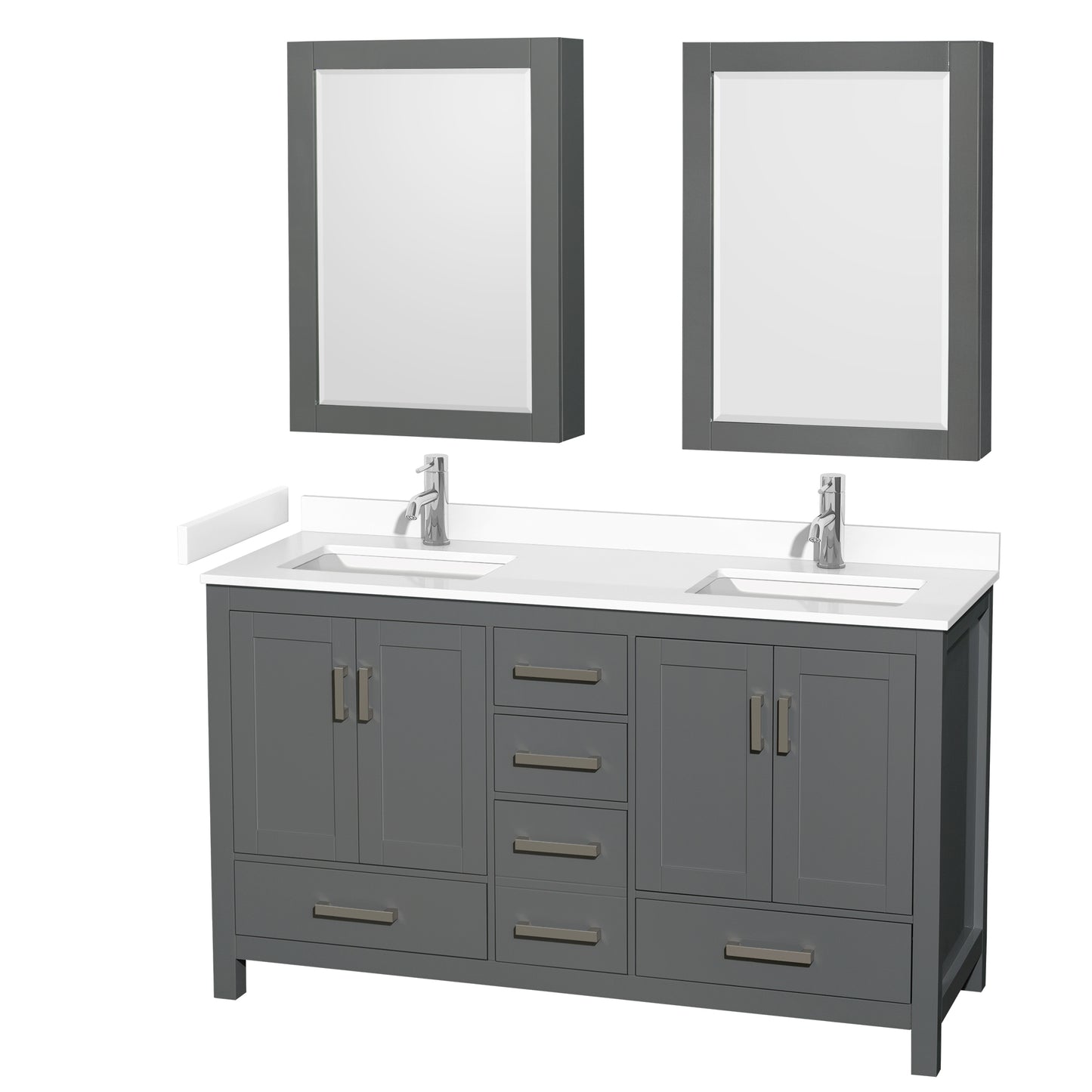 Wyndham Collection Sheffield 60 Inch Double Bathroom Vanity in Dark Gray, Marble Countertop, Undermount Square Sinks, 24 and 58 Inch Mirrors - Luxe Bathroom Vanities