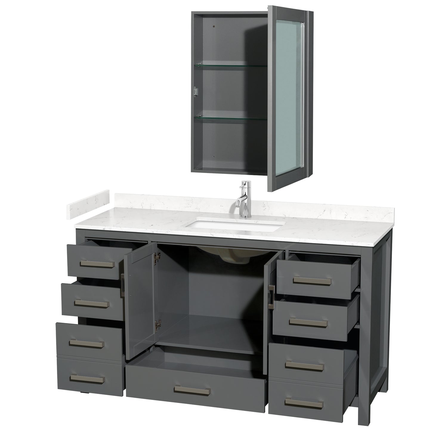 Wyndham Collection Sheffield 60 Inch Single Bathroom Vanity in Dark Gray, Marble Countertop, Undermount Square Sink, 58 Inch Mirror - Luxe Bathroom Vanities