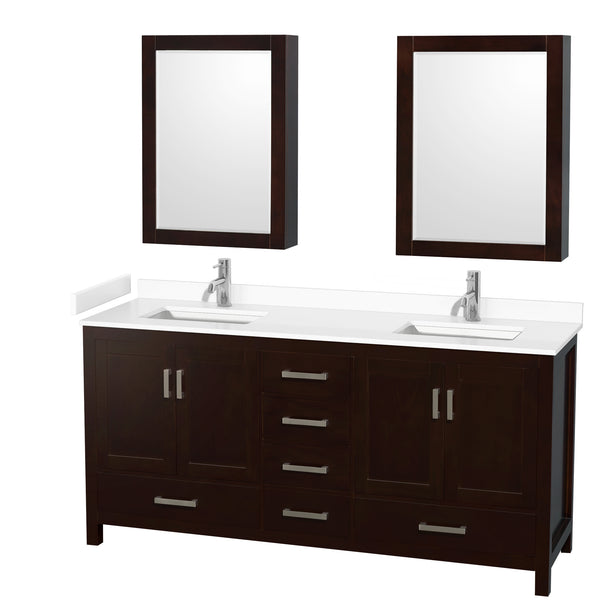 Wyndham Collection Sheffield 72 Inch Double Bathroom Vanity in Espresso, Marble Countertop, Undermount Square Sinks, 24 and 70 Inch Mirrors - Luxe Bathroom Vanities