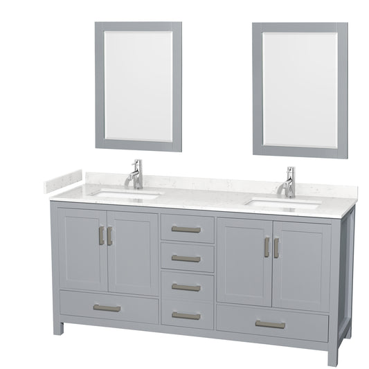 Wyndham Collection Sheffield 72 Inch Double Bathroom Vanity in Gray, Marble Countertop, Undermount Square Sinks, 24 and 70 Inch Mirrors - Luxe Bathroom Vanities