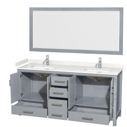 Wyndham Collection Sheffield 72 Inch Double Bathroom Vanity in Gray, Marble Countertop, Undermount Square Sinks, 24 and 70 Inch Mirrors - Luxe Bathroom Vanities