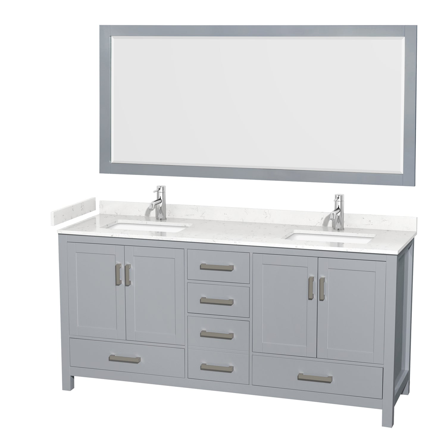 Wyndham Collection Sheffield 72 Inch Double Bathroom Vanity in Gray, Marble Countertop, Undermount Square Sinks, 24 and 70 Inch Mirrors - Luxe Bathroom Vanities