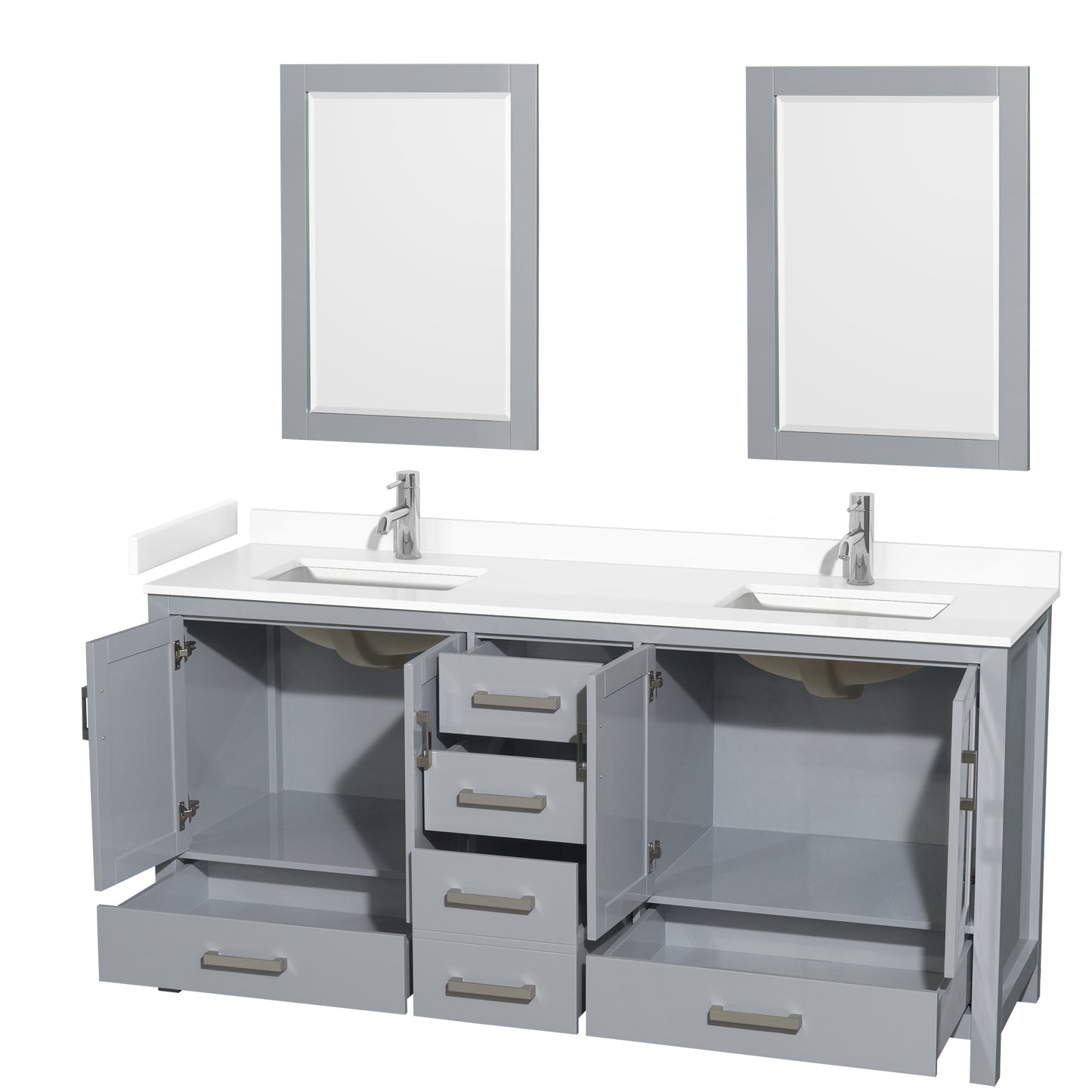 Wyndham Collection Sheffield 72 Inch Double Bathroom Vanity in Gray, Marble Countertop, Undermount Square Sinks, 24 and 70 Inch Mirrors - Luxe Bathroom Vanities