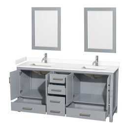 Wyndham Collection Sheffield 72 Inch Double Bathroom Vanity in Gray, Marble Countertop, Undermount Square Sinks, 24 and 70 Inch Mirrors - Luxe Bathroom Vanities