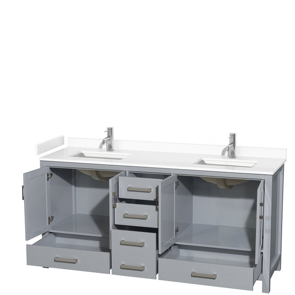 Wyndham Collection Sheffield 72 Inch Double Bathroom Vanity in Gray, Marble Countertop, Undermount Square Sinks, 24 and 70 Inch Mirrors - Luxe Bathroom Vanities