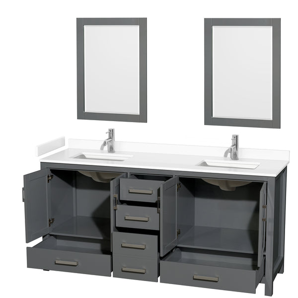 Wyndham Collection Sheffield 72 Inch Double Bathroom Vanity in Dark Gray, Marble Countertop, Undermount Square Sinks, 24 and 70 Inch Mirrors - Luxe Bathroom Vanities