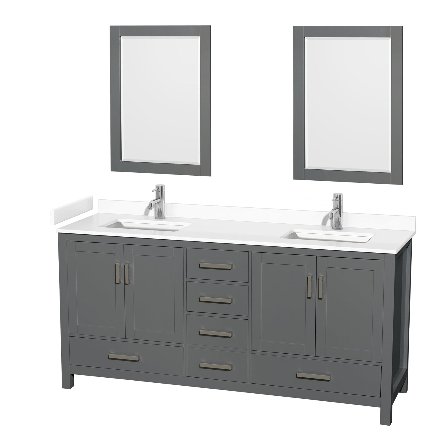 Wyndham Collection Sheffield 72 Inch Double Bathroom Vanity in Dark Gray, Marble Countertop, Undermount Square Sinks, 24 and 70 Inch Mirrors - Luxe Bathroom Vanities