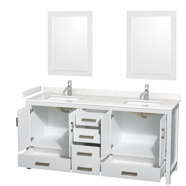 Wyndham Collection Sheffield 72 Inch Double Bathroom Vanity in White, Marble Countertop, Undermount Square Sinks, 24 and 70 Inch Mirrors - Luxe Bathroom Vanities
