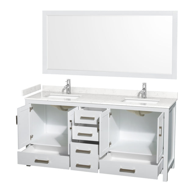 Wyndham Collection Sheffield 72 Inch Double Bathroom Vanity in White, Marble Countertop, Undermount Square Sinks, 24 and 70 Inch Mirrors - Luxe Bathroom Vanities
