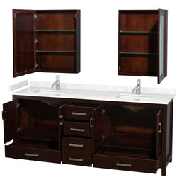 Wyndham Collection Sheffield 80 Inch Double Bathroom Vanity in Espresso, Marble Countertop, Undermount Square Sinks, 24 and 70 Inch Mirrors - Luxe Bathroom Vanities