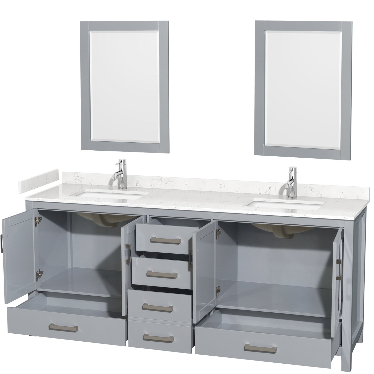 Wyndham Collection Sheffield 80 Inch Double Bathroom Vanity in Gray, Marble Countertop, Undermount Square Sinks, 24 and 70 Inch Mirrors - Luxe Bathroom Vanities