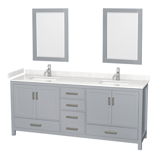 Wyndham Collection Sheffield 80 Inch Double Bathroom Vanity in Gray, Marble Countertop, Undermount Square Sinks, 24 and 70 Inch Mirrors - Luxe Bathroom Vanities