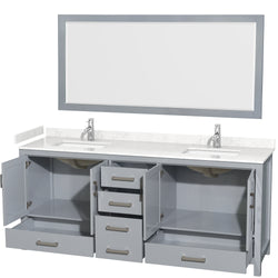 Wyndham Collection Sheffield 80 Inch Double Bathroom Vanity in Gray, Marble Countertop, Undermount Square Sinks, 24 and 70 Inch Mirrors - Luxe Bathroom Vanities