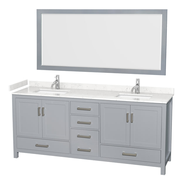 Wyndham Collection Sheffield 80 Inch Double Bathroom Vanity in Gray, Marble Countertop, Undermount Square Sinks, 24 and 70 Inch Mirrors - Luxe Bathroom Vanities