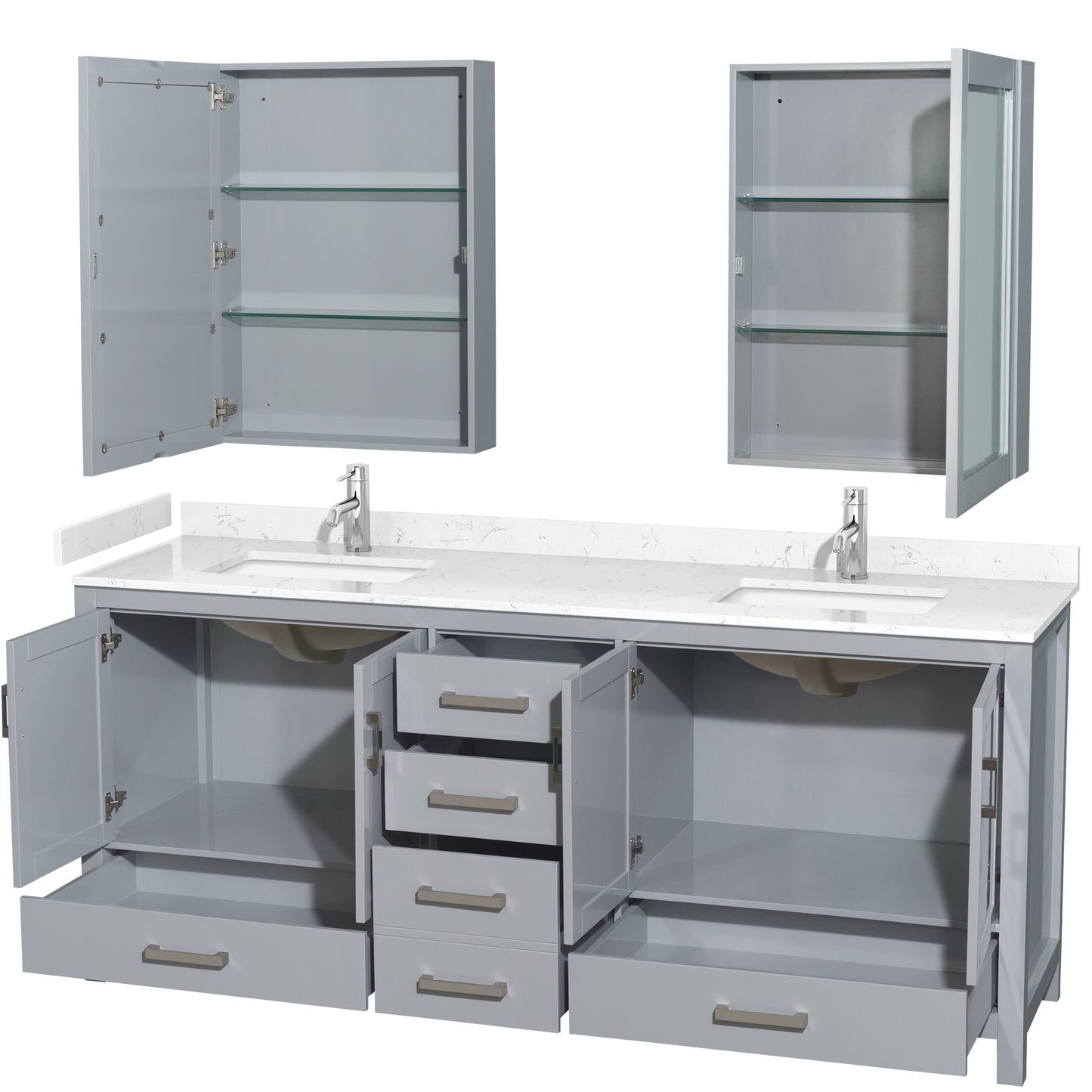 Wyndham Collection Sheffield 80 Inch Double Bathroom Vanity in Gray, Marble Countertop, Undermount Square Sinks, 24 and 70 Inch Mirrors - Luxe Bathroom Vanities