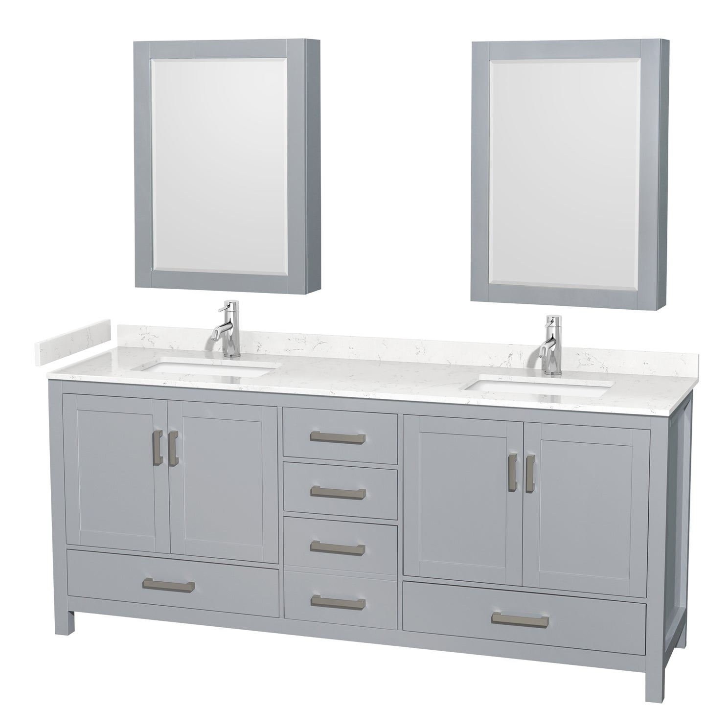 Wyndham Collection Sheffield 80 Inch Double Bathroom Vanity in Gray, Marble Countertop, Undermount Square Sinks, 24 and 70 Inch Mirrors - Luxe Bathroom Vanities