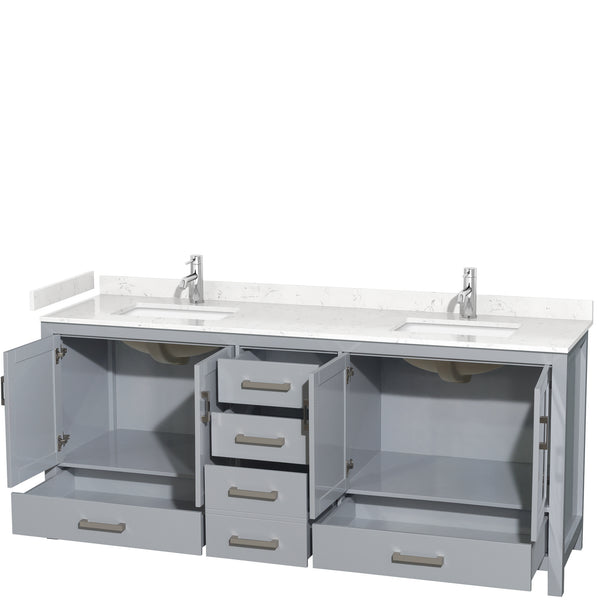 Wyndham Collection Sheffield 80 Inch Double Bathroom Vanity in Gray, Marble Countertop, Undermount Square Sinks, 24 and 70 Inch Mirrors - Luxe Bathroom Vanities
