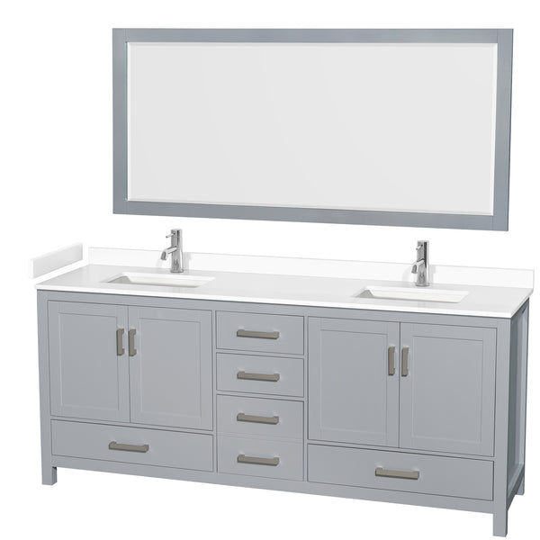 Wyndham Collection Sheffield 80 Inch Double Bathroom Vanity in Gray, Marble Countertop, Undermount Square Sinks, 24 and 70 Inch Mirrors - Luxe Bathroom Vanities