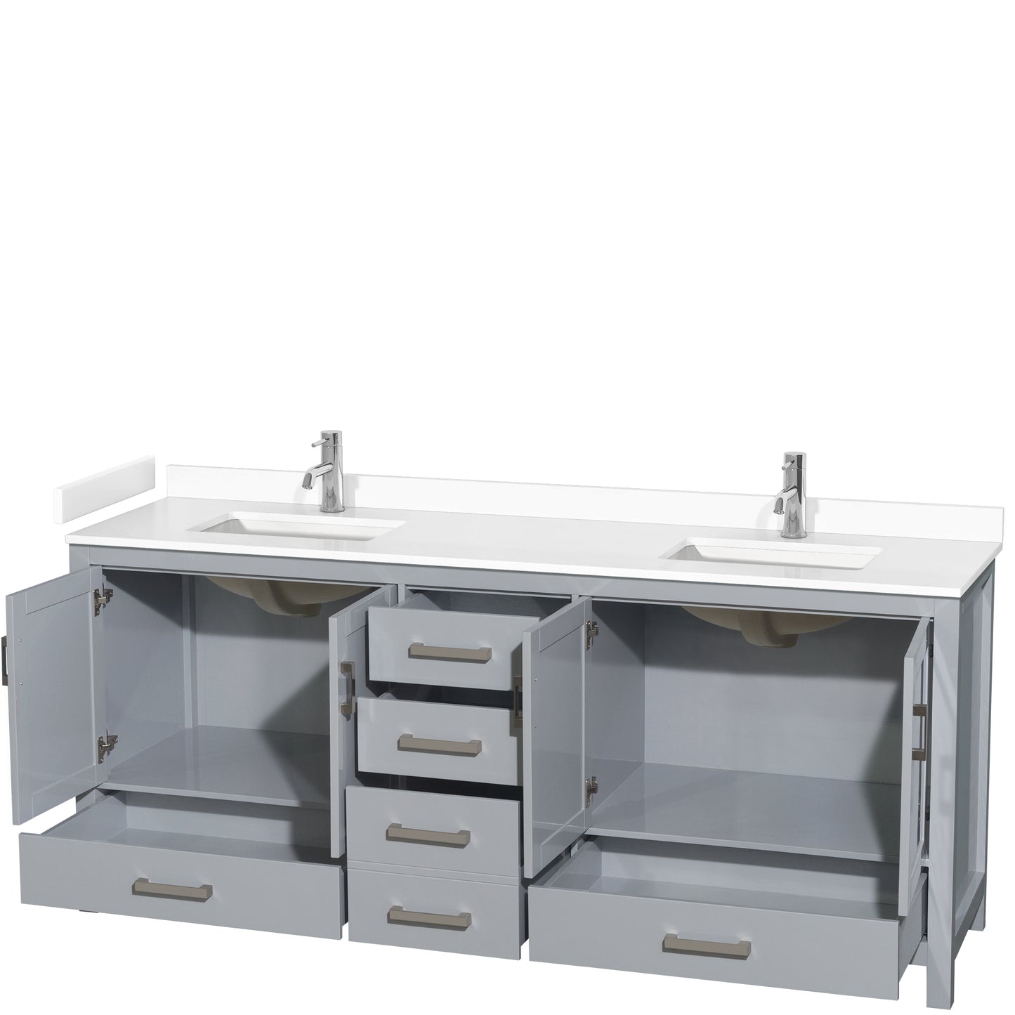 Wyndham Collection Sheffield 80 Inch Double Bathroom Vanity in Gray, Marble Countertop, Undermount Square Sinks, 24 and 70 Inch Mirrors - Luxe Bathroom Vanities