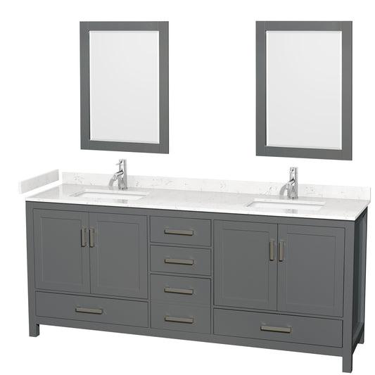 Wyndham Collection Sheffield 80 Inch Double Bathroom Vanity in Dark Gray, Marble Countertop, Undermount Square Sinks, 24 and 70 Inch Mirrors - Luxe Bathroom Vanities