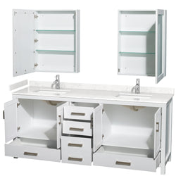 Wyndham Collection Sheffield 80 Inch Double Bathroom Vanity in White, Marble Countertop, Undermount Square Sinks, 24 and 70 Inch Mirrors - Luxe Bathroom Vanities