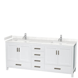 Wyndham Collection Sheffield 80 Inch Double Bathroom Vanity in White, Marble Countertop, Undermount Square Sinks, 24 and 70 Inch Mirrors - Luxe Bathroom Vanities