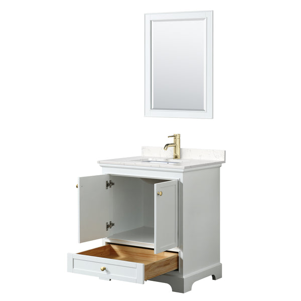 Wyndham Collection Deborah 30 Inch Single Bathroom Vanity in White, Marble Countertop, Undermount Square Sink, Brushed Gold Trim - Luxe Bathroom Vanities