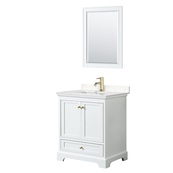 Wyndham Collection Deborah 30 Inch Single Bathroom Vanity in White, Marble Countertop, Undermount Square Sink, Brushed Gold Trim - Luxe Bathroom Vanities