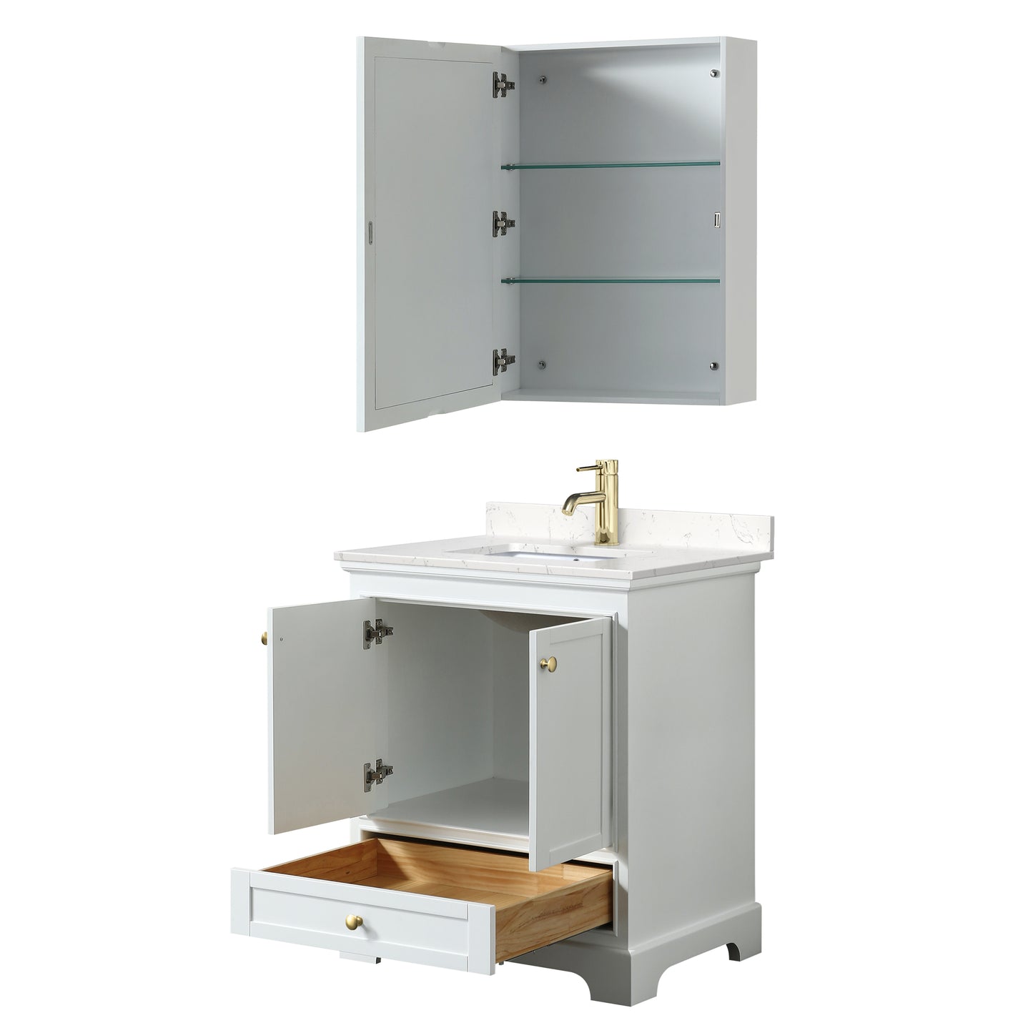 Wyndham Collection Deborah 30 Inch Single Bathroom Vanity in White, Marble Countertop, Undermount Square Sink, Brushed Gold Trim - Luxe Bathroom Vanities