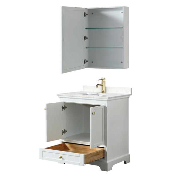 Wyndham Collection Deborah 30 Inch Single Bathroom Vanity in White, Marble Countertop, Undermount Square Sink, Brushed Gold Trim - Luxe Bathroom Vanities