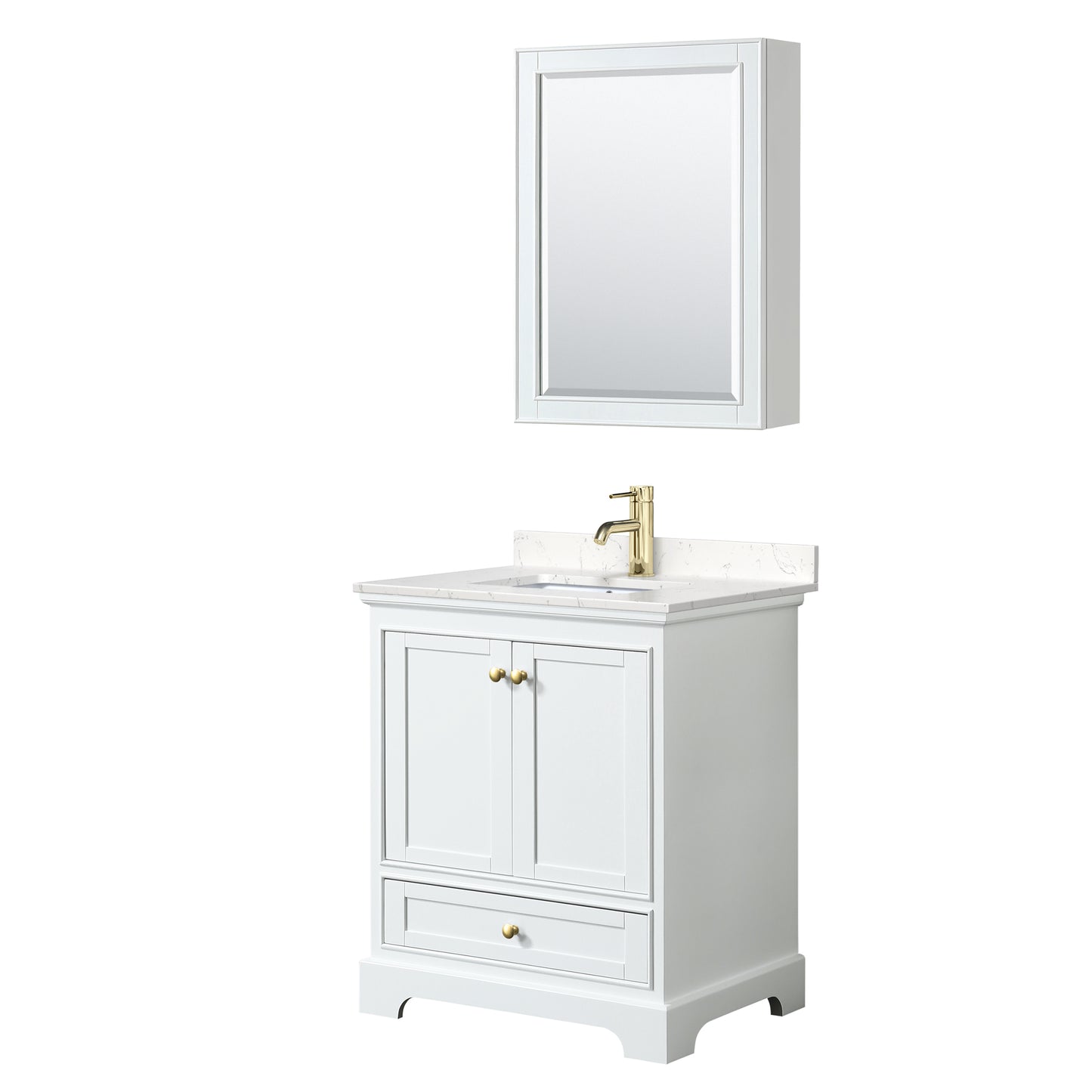 Wyndham Collection Deborah 30 Inch Single Bathroom Vanity in White, Marble Countertop, Undermount Square Sink, Brushed Gold Trim - Luxe Bathroom Vanities