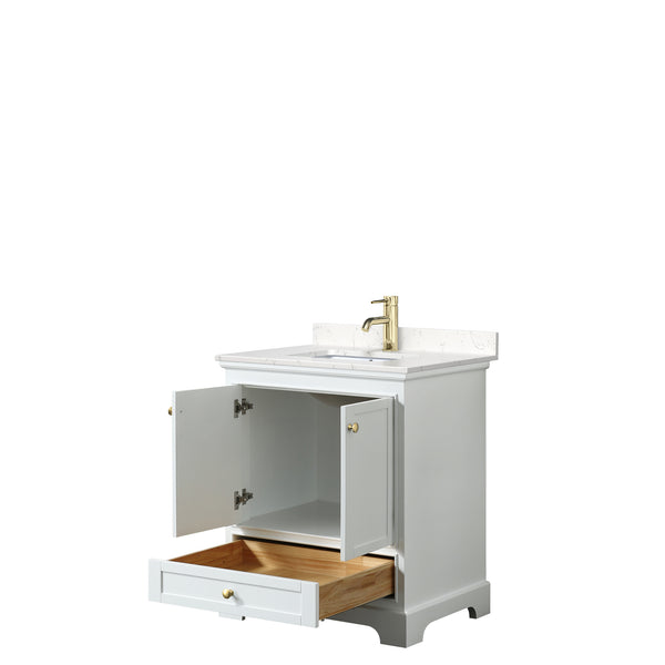 Wyndham Collection Deborah 30 Inch Single Bathroom Vanity in White, Marble Countertop, Undermount Square Sink, Brushed Gold Trim - Luxe Bathroom Vanities