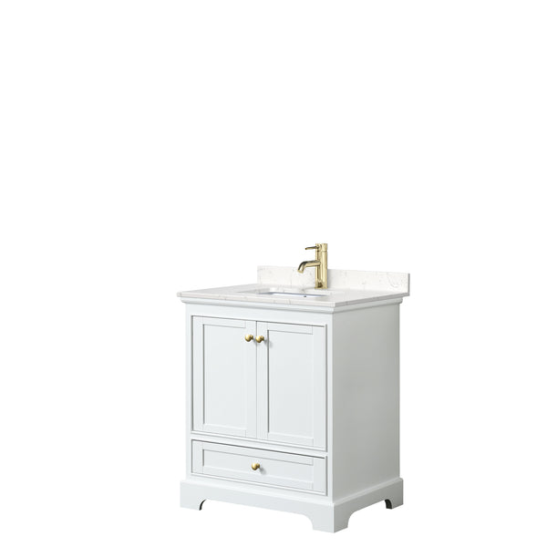 Wyndham Collection Deborah 30 Inch Single Bathroom Vanity in White, Marble Countertop, Undermount Square Sink, Brushed Gold Trim - Luxe Bathroom Vanities