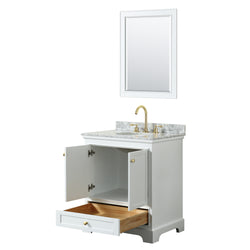 Wyndham Collection Deborah 30 Inch Single Bathroom Vanity in White, White Carrara Marble Countertop, Undermount Oval Sink, Brushed Gold Trim - Luxe Bathroom Vanities