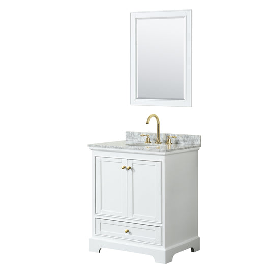 Wyndham Collection Deborah 30 Inch Single Bathroom Vanity in White, White Carrara Marble Countertop, Undermount Oval Sink, Brushed Gold Trim - Luxe Bathroom Vanities