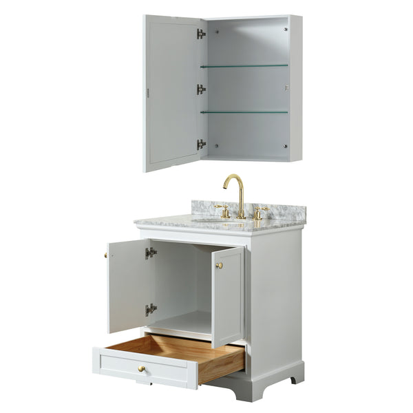 Wyndham Collection Deborah 30 Inch Single Bathroom Vanity in White, White Carrara Marble Countertop, Undermount Oval Sink, Brushed Gold Trim - Luxe Bathroom Vanities