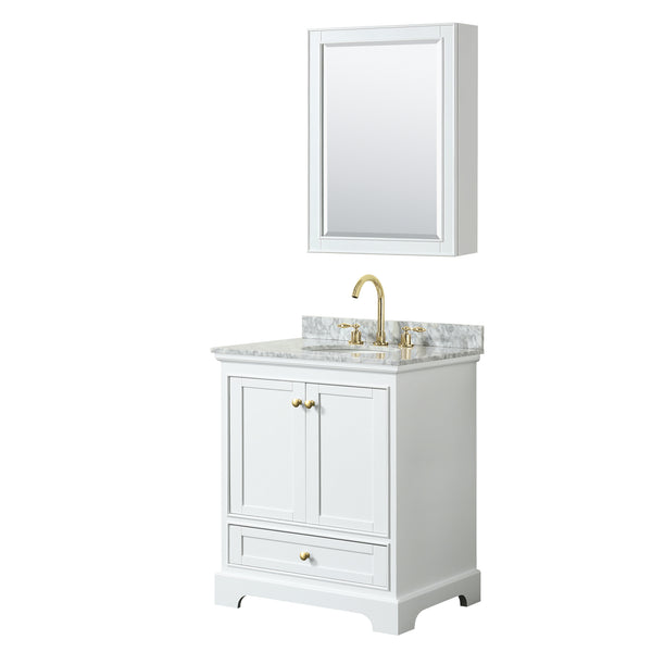 Wyndham Collection Deborah 30 Inch Single Bathroom Vanity in White, White Carrara Marble Countertop, Undermount Oval Sink, Brushed Gold Trim - Luxe Bathroom Vanities