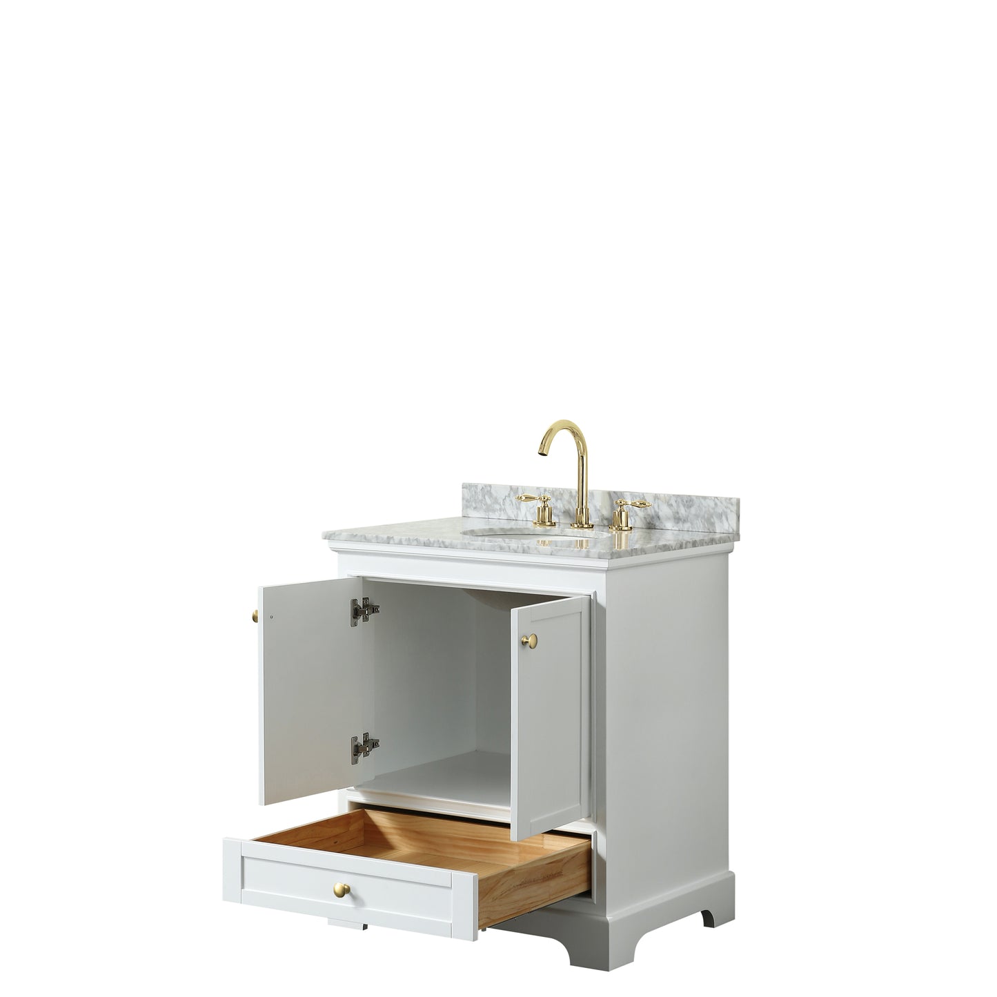 Wyndham Collection Deborah 30 Inch Single Bathroom Vanity in White, White Carrara Marble Countertop, Undermount Oval Sink, Brushed Gold Trim - Luxe Bathroom Vanities