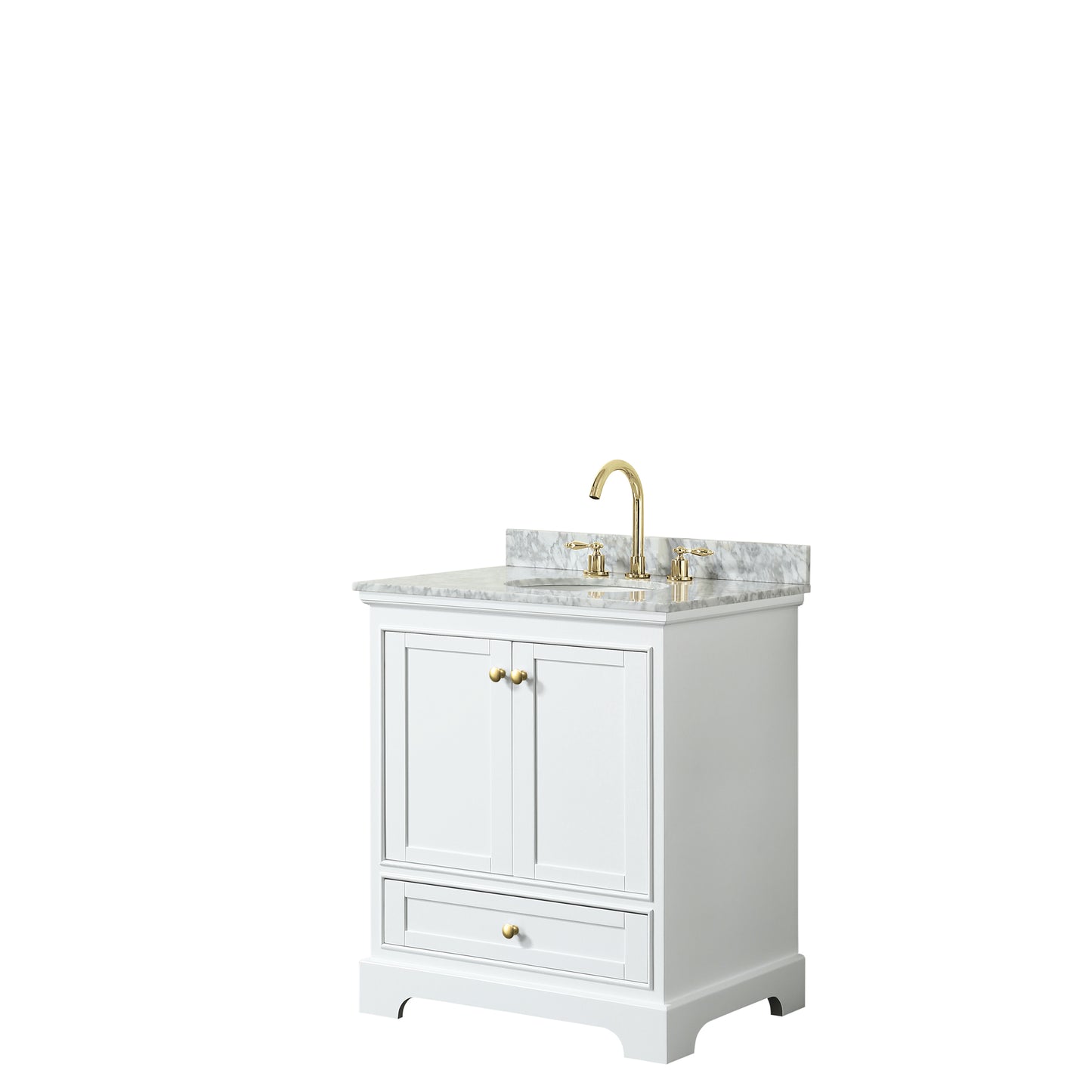 Wyndham Collection Deborah 30 Inch Single Bathroom Vanity in White, White Carrara Marble Countertop, Undermount Oval Sink, Brushed Gold Trim - Luxe Bathroom Vanities