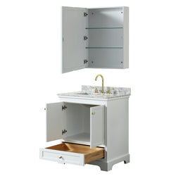 Wyndham Collection Deborah 30 Inch Single Bathroom Vanity in White, White Carrara Marble Countertop, Undermount Square Sink, Brushed Gold Trim - Luxe Bathroom Vanities