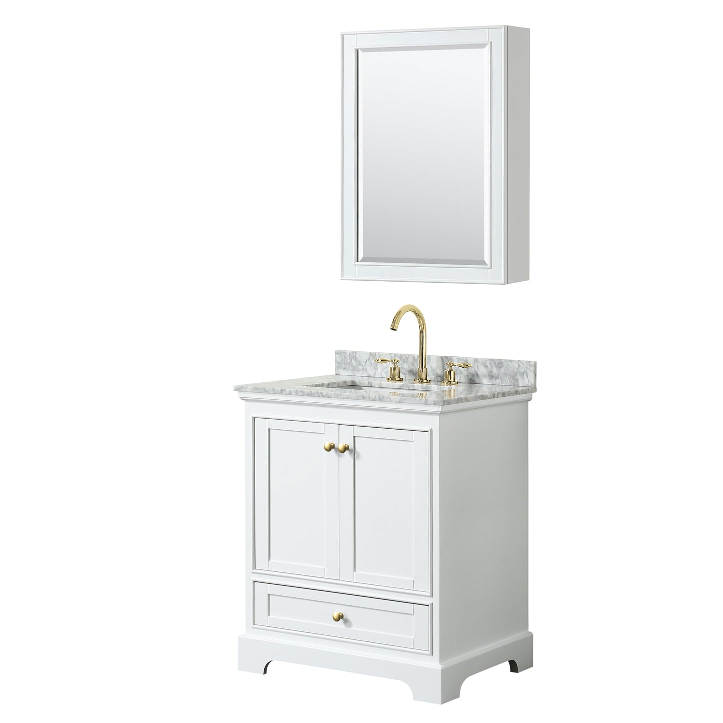 Wyndham Collection Deborah 30 Inch Single Bathroom Vanity in White, White Carrara Marble Countertop, Undermount Square Sink, Brushed Gold Trim - Luxe Bathroom Vanities